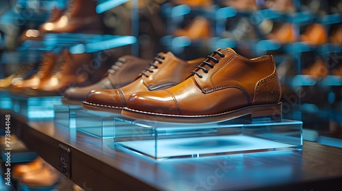A fashionable shoe store presents its latest leather footwear collection on sleek glass displays.