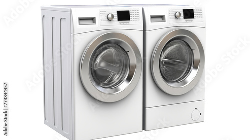 A white washer and dryer stand side by side, ready for use in a modern home laundry room