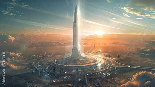 A distant view of a large city in the future with a tall cone-shaped spire in the center that tapers upward, and the city is formed in a circle around. Generative AI.