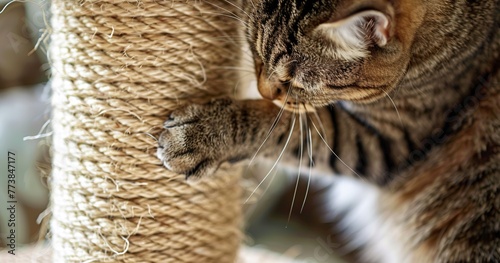 Cat scratching post, close-up, sisal texture, dynamic angle, essential, sharp focus. 