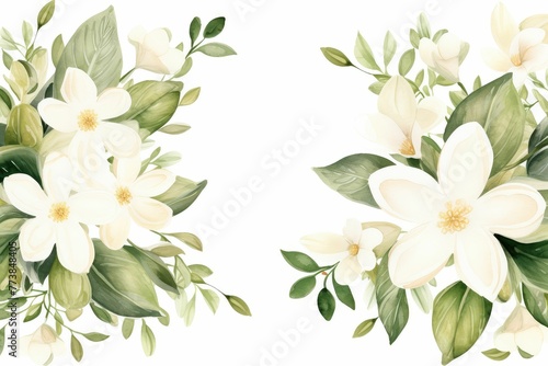 watercolor of jasmine clipart featuring delicate white flowers and green leaves. flowers frame, botanical border, floral frame, Foliage bouquet for wedding, stationery, invitations, cards.