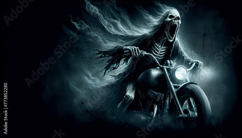 an illustration of a screaming evil banshee at night riding a motorcycle. gang, horror, ghost