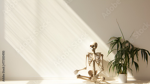 Lonely and Solitude Skeleton sitting in the White-Washed Silence of a Room, Bathed in Sunlight and Embraced by Nature