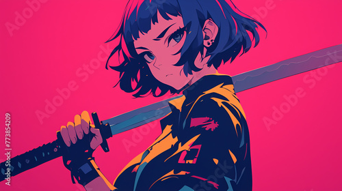 日本刀を構えるアニメ風の女の子 AI