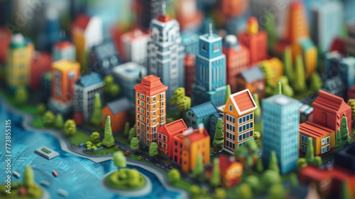 Tilt-shift miniature-style photo of a colorful model cityscape with various buildings and trees. Urban planning and architecture concept. Generative AI