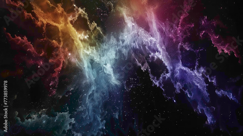 A burst of cosmic colors - from deep space blues to swirling nebula purples to radiant starlight whites - set agnst the infinite blackness of the universe, 
