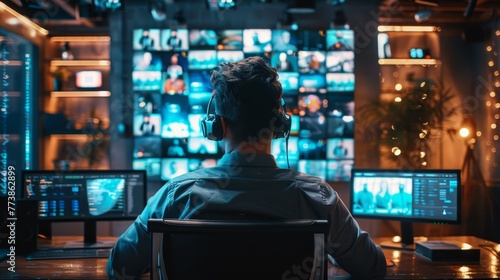 A man is sitting in front of a computer monitor with multiple screens and a keyboard. He is wearing headphones and he is focused on his work. Concept of concentration and productivity