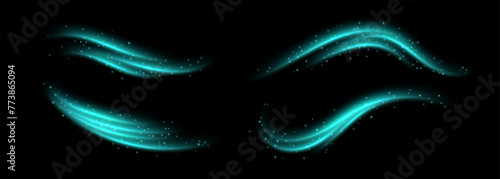 Teal speed lines, light in motion, glowing light trails with sparkles. Bright motion effect, luminescent swirls. Vector decoration.