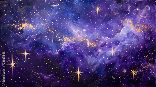 A celestial display of shimmering stars agnst a canvas of deep purples and blues, evoking a sense of wonder and awe.