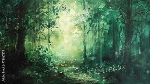 A lush forest scene, with emerald greens transitioning into rich, earthy browns, set agnst the darkness of the night, creating a sense of depth and mystery.