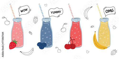 Vector set of milkshakes, fresh summer cocktail, cocktail with fruits and berries