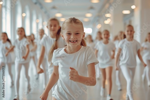 Group of kids at dance class. Children do sports exercises with professional instructor. Little girl dancers do movements together with coach choreographer in white dance hall, Generative AI