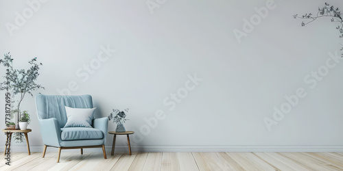 empty White wall with wooden floor and light blue armchair in a minimal interior living room, Minimalist home design