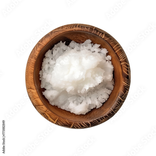 A small, carved wooden bowl filled with coconut oil, solidifying at room temperature, embodying tropical wellness, isolated on transparent background