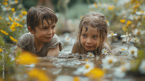 Children play in a puddle.