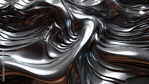 Abstract black and white background with liquid metal silver waves. Beautiful monochrome flowing techno background design. Fluid reflective chrome folds wallpaper header concept.
