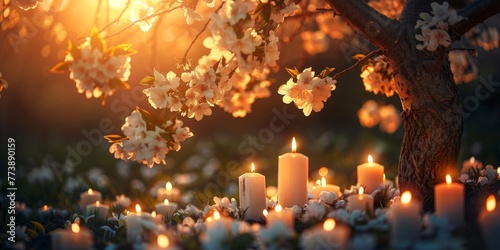 beautiful flowering tree with burning white candles decoration, Generative AI