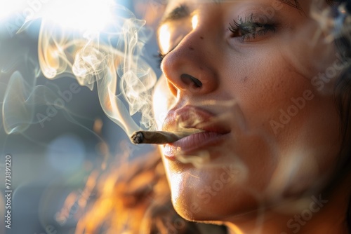 Close up of a woman smoking a big weed joint with some cannabis smoke.