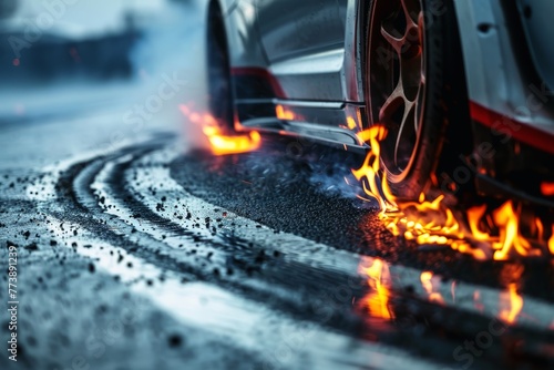 The fast start of a sports car leaves burning tracks on the asphalt.