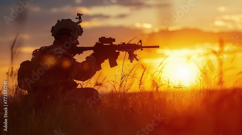 military. soldier silhouette in uniform with machine gun or assault rifle at summer evening sunset