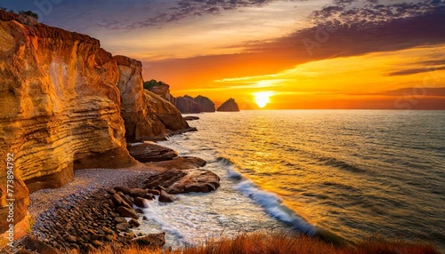 Dramatic sunset over weathered sandstone cliffs, with the warm hues
