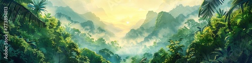 Lush jungle landscape in watercolor style, Generative AI
