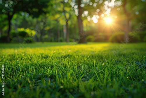 Field Grass. Green Lawn in Refreshing Public Park with Morning Light