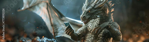 Dragon with smartphone Mythical creature curating hoards of digital treasures, fusing legendary greed with modern wealth apps , hyper realistic, low noise, low texture