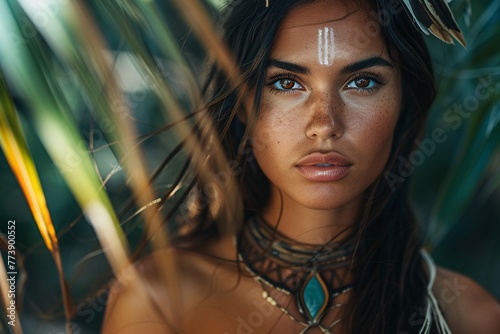 Portrait of a beautiful tribal woman in the jungle, native American woman