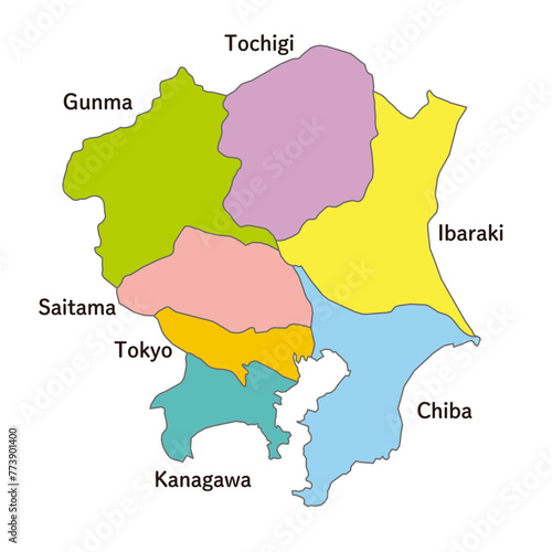関東地方の各県の地図、アイコン、英語の県名入り