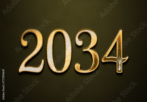 Old gold effect of 2034 number with 3D glossy style Mockup. 