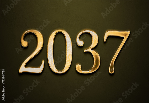 Old gold effect of 2037 number with 3D glossy style Mockup. 