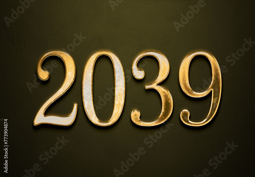Old gold effect of 2039 number with 3D glossy style Mockup. 