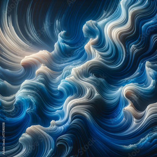 Abstract art of swirling blue and white patterns resembling ocean waves