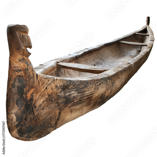 A traditional jungle canoe carved from a single tree trunk, isolated on transparent background