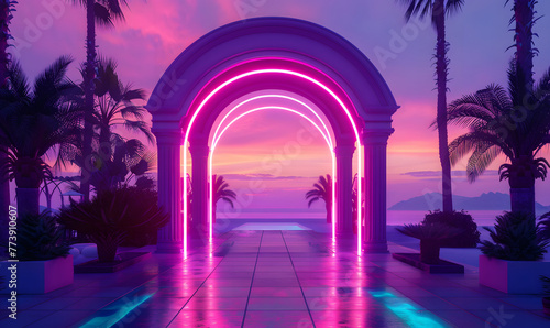 neon archway stands prominently in a tropical scene at sunset, Generative AI 