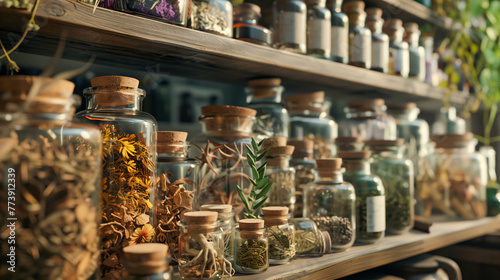 Close-up shots of jars filled with dried herbs, roots, and botanical extracts in a traditional herbalist's apothecary.