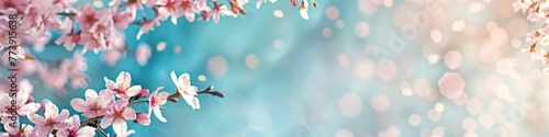 Cherry blossoms with blue sky background, banner with empty copy space.