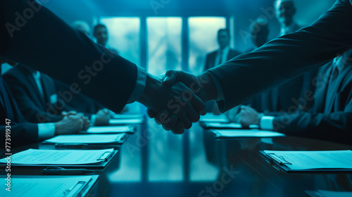  An energetic handshake in a corporate boardroom, set against a blue backdrop representing formality and agreement, with executives in suits surrounding the handshake
