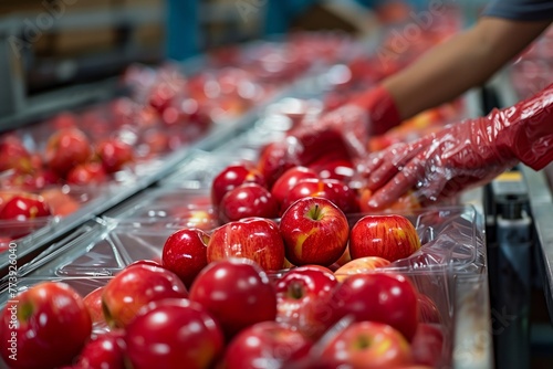 Packing apples into conveyor bags for sending sales for sale to retail stores