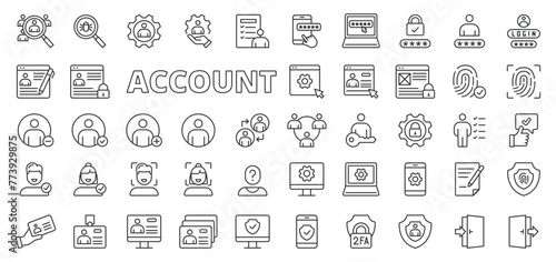Account icons in line design. User, login, password, username, social, verification, sign up, sign in, registration, users isolated on white background vector. Account editable stroke icons.