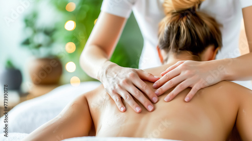 Professional massage therapy session in progress, with a focus on the therapist’s hands applying pressure to the client’s bare back, amidst a serene and well-lit environment.