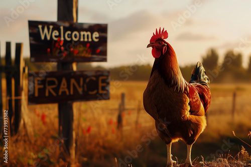 coq, animal symbole de la France debout et de profil à côté d'une pancarte en bois avec écrit en anglais "Welcome FRANCE", avec en fond flouté d'une prairie. Humour pour JO à PARIS