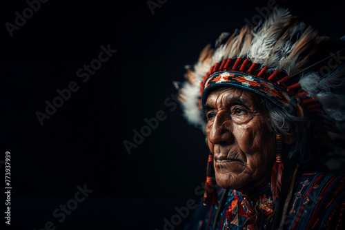 chef indien, avec sa coiffe en plumes traditionnelle, et son plastron en perles. Vieil homme représentant des amérindiens ou indiens d'Amérique sur fond noir avec espace négatif copy space.