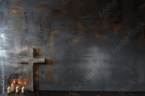 croix chrétienne en bois, sur un autel, avec 4 cierges qui brûlent allumés, sur un fond marron et noir dégradé et texturé avec espace négatif copy space. Religion chrétienne, catholique, pâques, Noël,