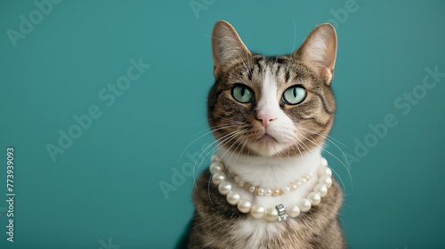 Katze mit Perlen Halskette vor einfarbigen Hintergrund isoliert Platz für Text, Generative AI
