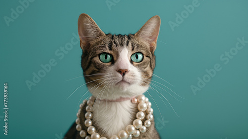 Katze mit Perlen Halskette vor einfarbigen Hintergrund isoliert Platz für Text, Generative AI