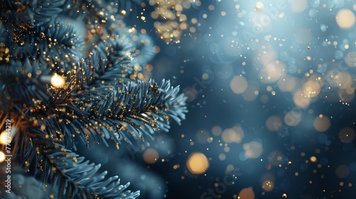 A holiday concept brought to life, delicate light blue meets opulent gold particles, with Christmas golden bokeh lighting up a dark navy scene, all under the guise of gold foil luxury
