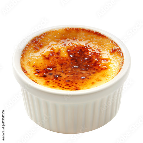 A classic French crème brûlée with a perfectly caramelized sugar top, served in a ramekin, isolated on transparent backgroun