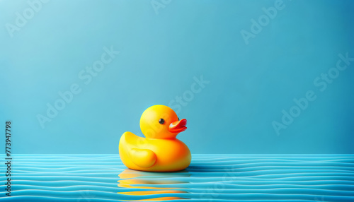 Classic yellow rubber duck on blue water against a solid blue background, a playful and minimalistic design concept.